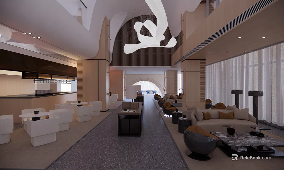 Spacious Front Desk Reception Lobby With Modern Sofas Stylish Chairs And Elegant Decor 3d model 