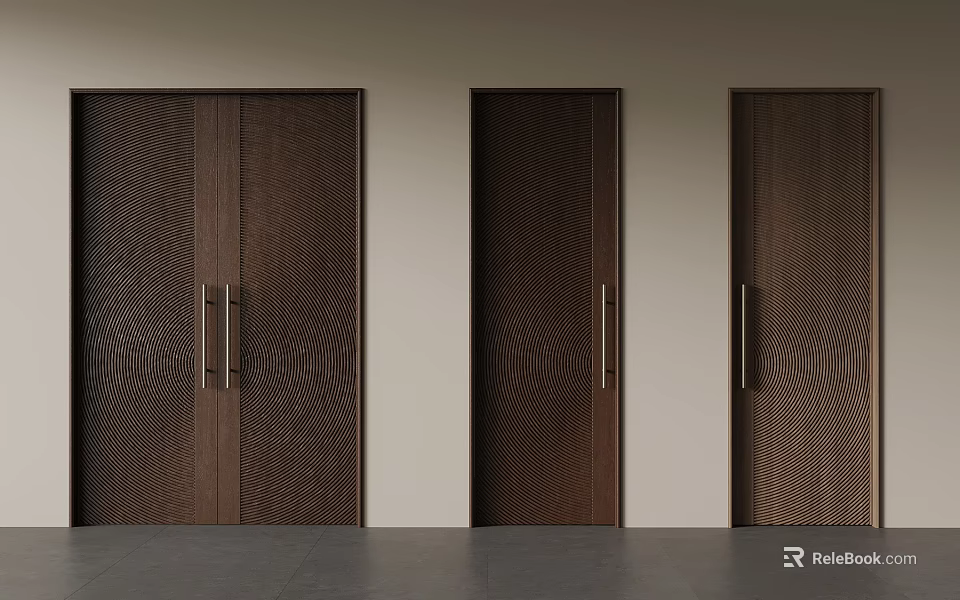 Textured Dark Brown Wooden Double Doors with Metal Handles in Contemporary Interior Space 3d model 
