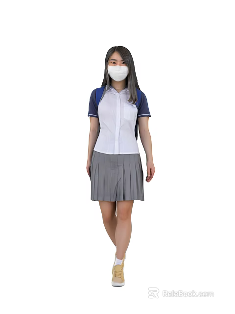 Woman Wearing Mask White Shirt With Blue Sleeves Gray Pleated Skirt Standing 3d model 