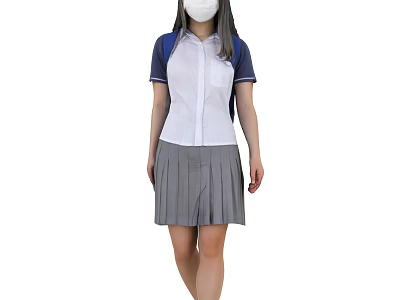 Woman Wearing Mask White Shirt With Blue Sleeves Gray Pleated Skirt Standing 3d model