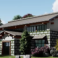 Modern Single Family House With Large Glass Windows Sloped Roof Stone Walls And Green Garden