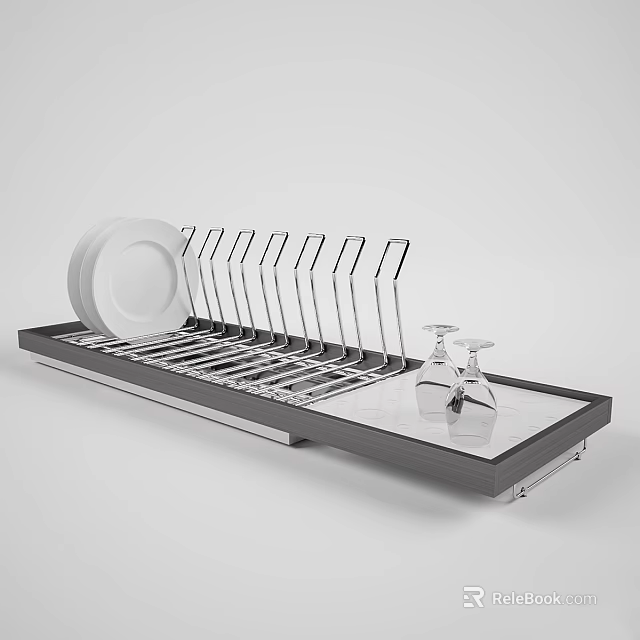 Modern Dishware Set with Dish Rack Plates Cutlery and Wine Glasses 3d model 