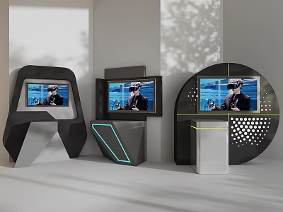 Three Smart Machines In Different Modern Geometric Designs With Blue Lines And VR Headset Screens 3d model