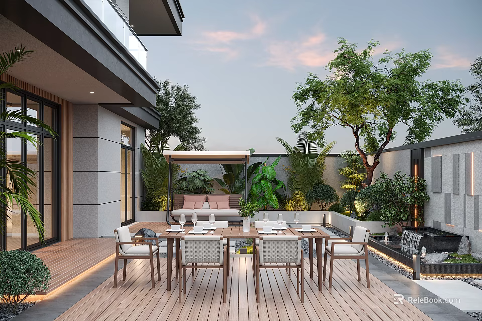 Modern Courtyard Garden with Wooden Deck Outdoor Dining Table Chairs Sofa Area and Green Plants 3d model 