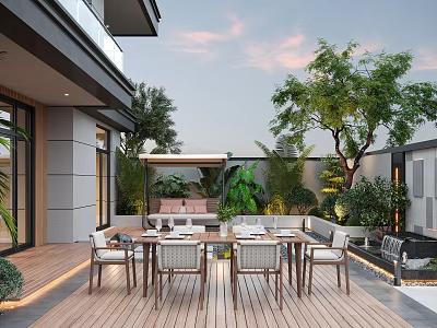 Modern Courtyard Garden with Wooden Deck Outdoor Dining Table Chairs Sofa Area and Green Plants 3d model