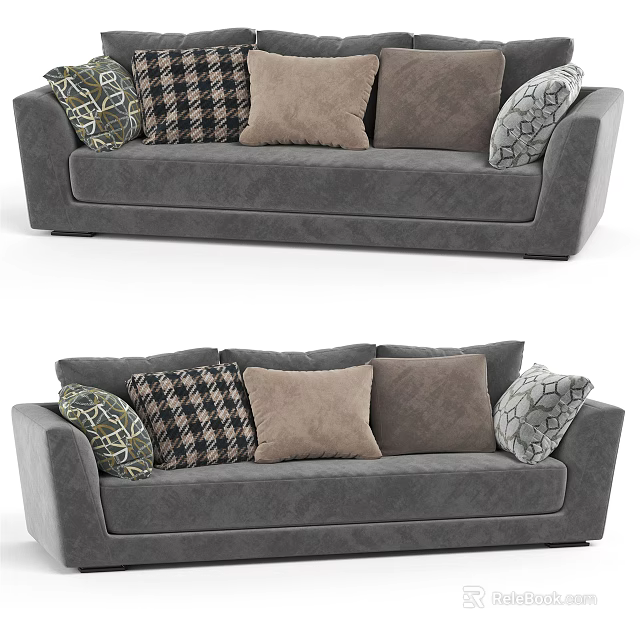 Gray Multi Seat Sofa With Plaid Textured And Geometric Patterned Cushions 3d model
