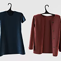 Navy Blue Short Sleeve Dress and Burgundy Cardigan Coat Hanging on Black Hangers
