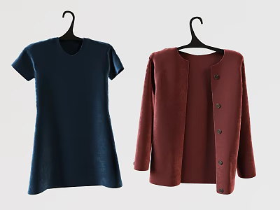 Navy Blue Short Sleeve Dress and Burgundy Cardigan Coat Hanging on Black Hangers 3d model