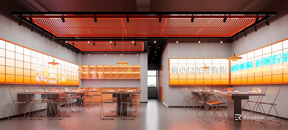 Modern Restaurant Interior Featuring Orange Ceiling Open Layout Tables Chairs Grill And Display Shelves 3d model