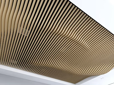 Modern Decorative Ceiling With Wave Striped Wooden Panels For Interior Design 3d model