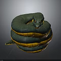Green and Yellow Coiled Snake Character with Red Eyes 3d model