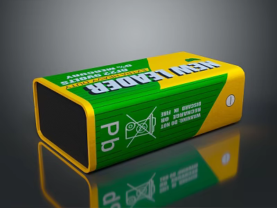 Yellow And Green New Leader Rechargeable Lead Battery With Warning Symbols 3d model