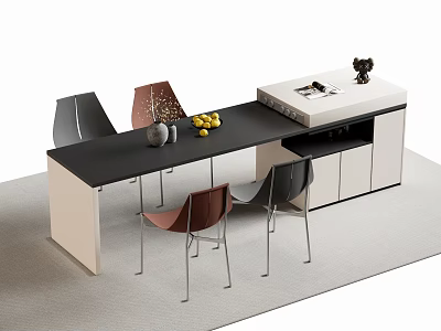 Modern Bar Counter With Black Countertop Gray Brown Chairs Fruits And Vases 3d model