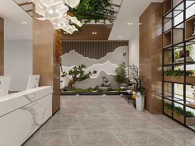 Elegant Modern Hotel Lobby With Reception Area Green Plants Decorative Wall And Marble Floor 3d model