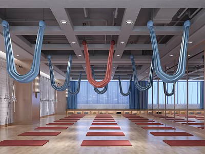 Bright Spacious Fitness Yoga Studio With Red Mats And Blue Red Aerial Hammocks 3d model