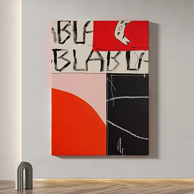 Abstract Painting With Red Orange Pink Black Color Blocks And Text Elements On White Wall 3d model
