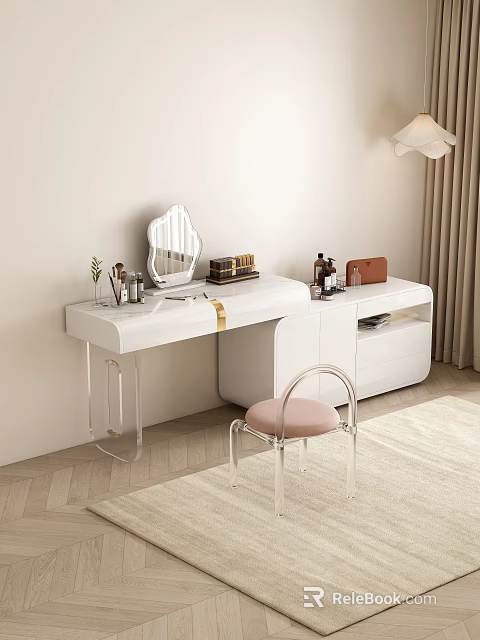 Modern White Dressing Table With Decorative Mirror Pink Chair Transparent Legs And Storage Drawers 3d model 