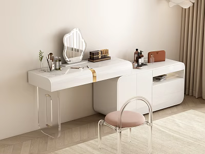 Modern White Dressing Table With Decorative Mirror Pink Chair Transparent Legs And Storage Drawers 3d model