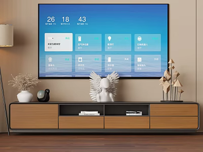 Modern Wooden TV Stand In Living Room With Black Frame Storage And Decorative Items 3d model