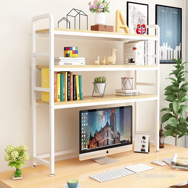 White And Wooden Multi Tier Shelf With Books Colorful Blocks Decor And Potted Plant 3d model 
