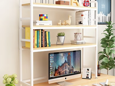 White And Wooden Multi Tier Shelf With Books Colorful Blocks Decor And Potted Plant 3d model