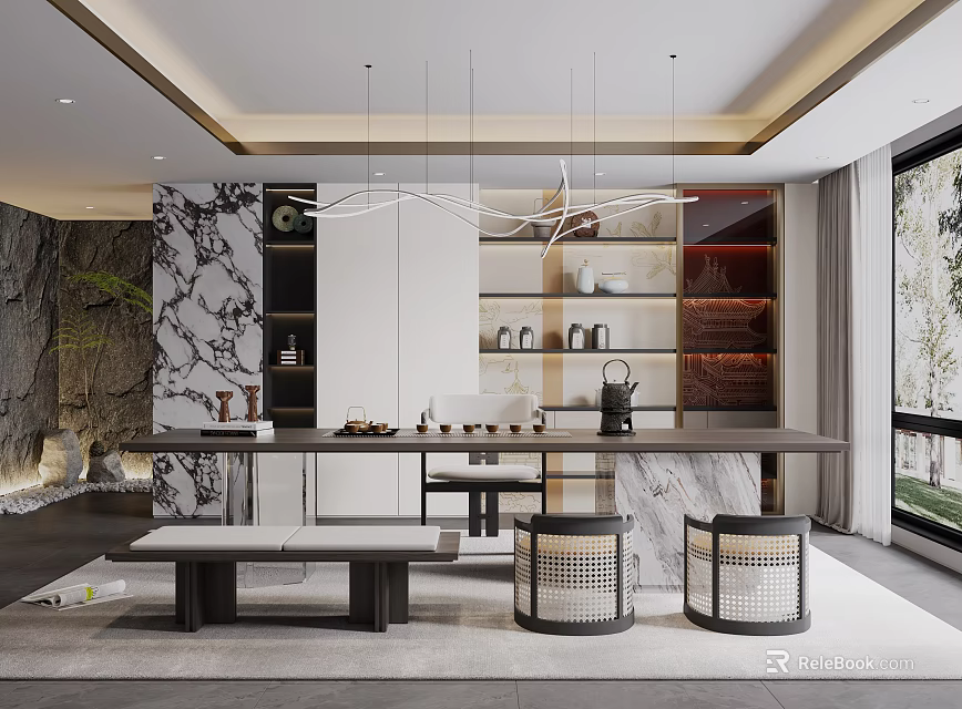 Modern Tea Room Interior Design with Long Table Stools Shelves and Marble Wall Decor 3d model