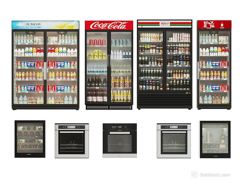 Display Refrigerators and Freezers Multiple Upright Glass Door Units Stocked with Beverages Including Coca-Cola 3d model 