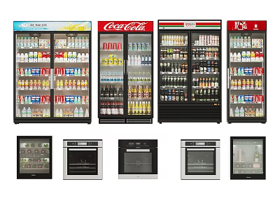 Display Refrigerators and Freezers Multiple Upright Glass Door Units Stocked with Beverages Including Coca-Cola 3d model