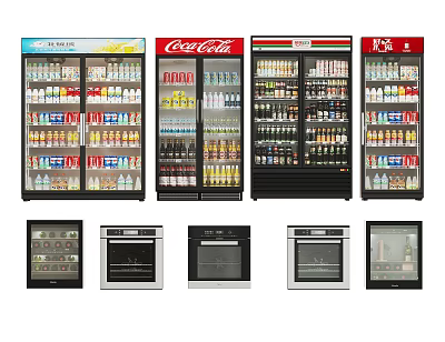 Display Refrigerators and Freezers Multiple Upright Glass Door Units Stocked with Beverages Including Coca-Cola 3d model