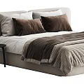 Modern Double Bed With Brown Pillows White Sheets And Plaid Blanket Near Black Stool