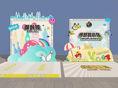 Vibrant Display Boards With Bowling And Angry Birds Themes Featuring Cityscape And Beach Elements 3d model