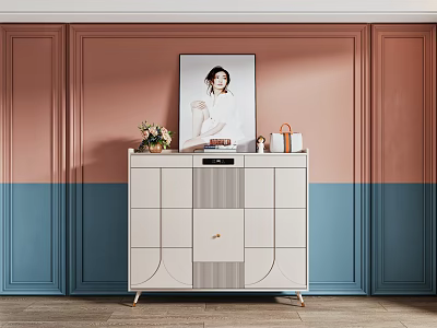 Modern Light Colored Sideboard With Decorative Items And Pink Blue Wall Background 3d model