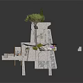 Ancient Stone Building Courtyard Design With Archway Steps Potted Plants And Trees