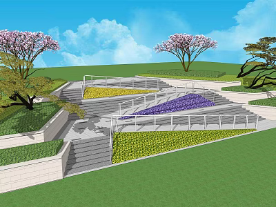 Outdoor Staircase with Landscaped Lawn Pink Flowering Trees Purple and Yellow Flower Beds and Railing 3d model