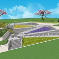 Outdoor Staircase with Landscaped Lawn Pink Flowering Trees Purple and Yellow Flower Beds and Railing