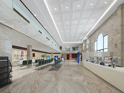 Modern Service Hall Interior With Marble Floor Waiting Seats Service Counters And Ceiling Lights 3d model