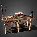 Vintage Wooden Workbench With Candle Holder Bottles Bag And Tools On Top