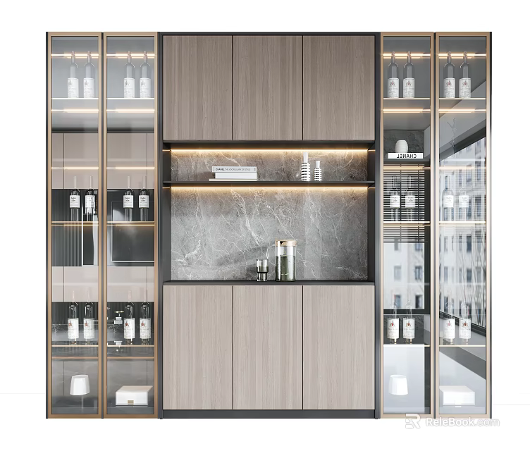 Modern Wine Cabinet With Glass Doors Marble Countertop And LED Lighting Storage Design 3d model 