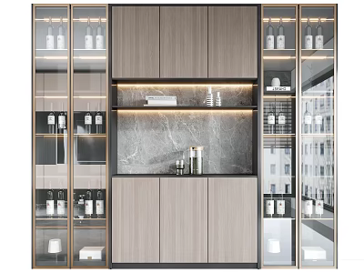 Modern Wine Cabinet With Glass Doors Marble Countertop And LED Lighting Storage Design 3d model