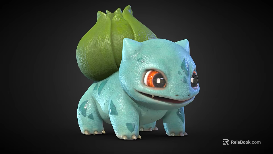 Cute Blue Reptile with Green Plant Back Structure and Big Orange Eyes 3d model 