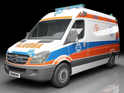 Mercedes ALUMA Ambulance White Blue Orange With Blue Emergency Lights Medical Logos 3d model