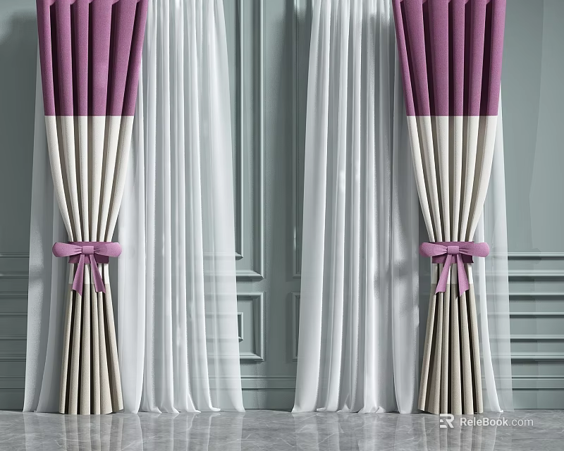 Purple and White Curtains with Pink Bows and Sheer Layers on Gray Wall 3d model 