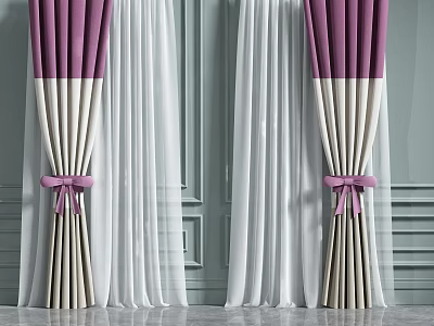 Purple and White Curtains with Pink Bows and Sheer Layers on Gray Wall 3d model