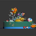 Colorful Cartoon Scene With Blue Character On Yellow Float Holding Drink And Orange Fish