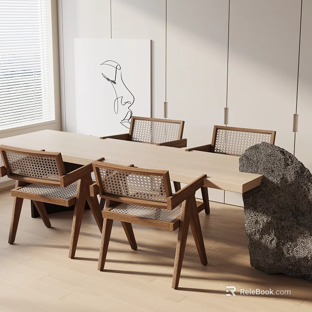 Wooden Dining Table Set Featuring Woven Back Chairs Natural Light Minimalist Art Hanging Lights 3d model 