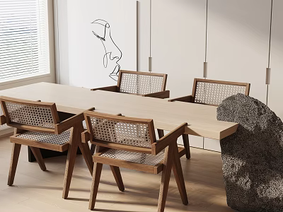 Wooden Dining Table Set Featuring Woven Back Chairs Natural Light Minimalist Art Hanging Lights 3d model