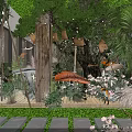 Natural Themed Restaurant Interior With Green Wall Plants Deer Statue And Wooden Floor