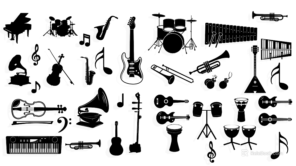 Musical Instrument Silhouettes With Guitar Drums Saxophone Violin And Music Notes 3d model 