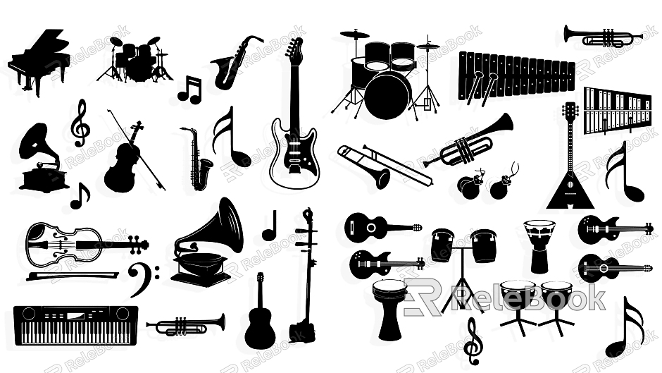 Musical instrument silhouette percussion drum gong woodwind instrument electric instrument stringed instrument electric guitar harp saxophone model