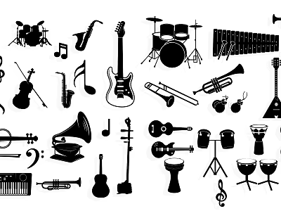 Musical Instrument Silhouettes With Guitar Drums Saxophone Violin And Music Notes 3d model